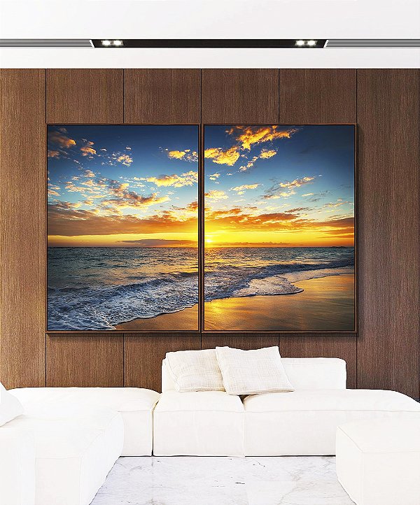 Duo de Quadros Pôr do Sol Dourado Praia Mar Calmo Canvas Moldura