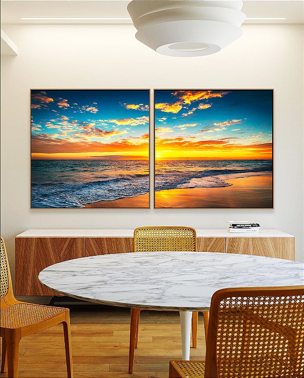 Duo de Quadros Quadrados Pôr do Sol Dourado Praia Mar Calmo Canvas Moldura