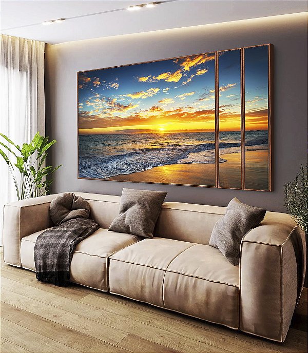 Trio de Quadros Estilizados Pôr do Sol Dourado Praia Mar Calmo Canvas Moldura