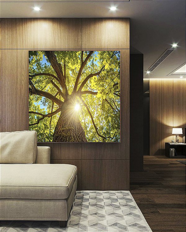 Quadro Quadrado Árvore Folhas Verdes Sol Céu Azul Canvas Moldura