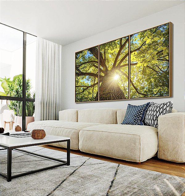 Trio de Quadros Árvore Folhas Verdes Sol Céu Azul Canvas Moldura