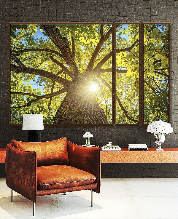 Trio de Quadros Estilizados Árvore Folhas Verdes Sol Céu Azul Canvas Moldura
