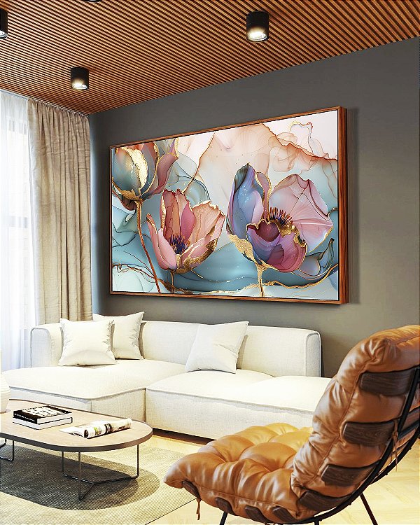 Quadro Horizontal Flores Rosa Salmão Turquesa Dourado Canvas Moldura