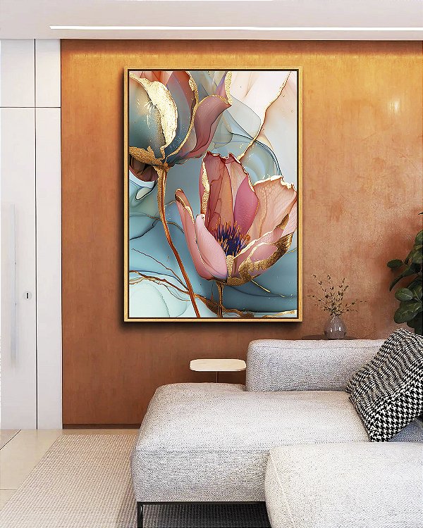 Quadro Vertical Flores Rosa Salmão Turquesa Dourado Canvas Moldura