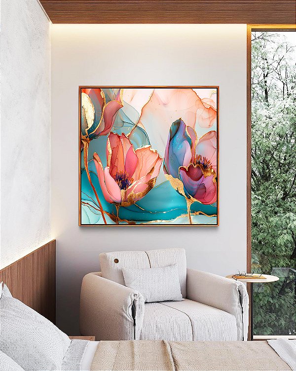 Quadro Quadrado Flores Rosa Salmão Turquesa Dourado Canvas Moldura