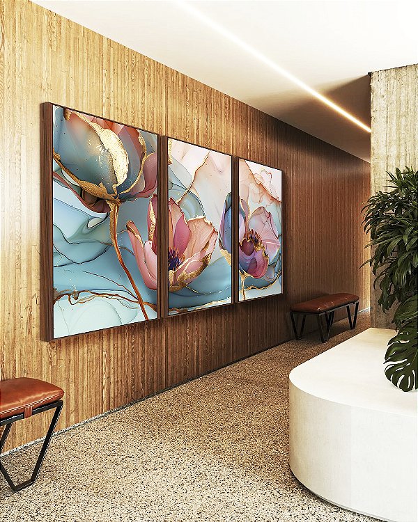 Trio de Quadros Flores Rosa Salmão Turquesa Dourado Canvas Moldura