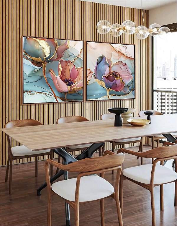 Duo de Quadros Quadrados Flores Rosa Salmão Turquesa Dourado Canvas Moldura