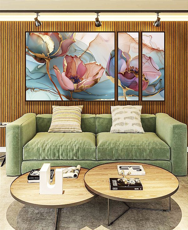Trio de Quadros Estilizados Flores Rosa Salmão Turquesa Dourado Canvas Moldura