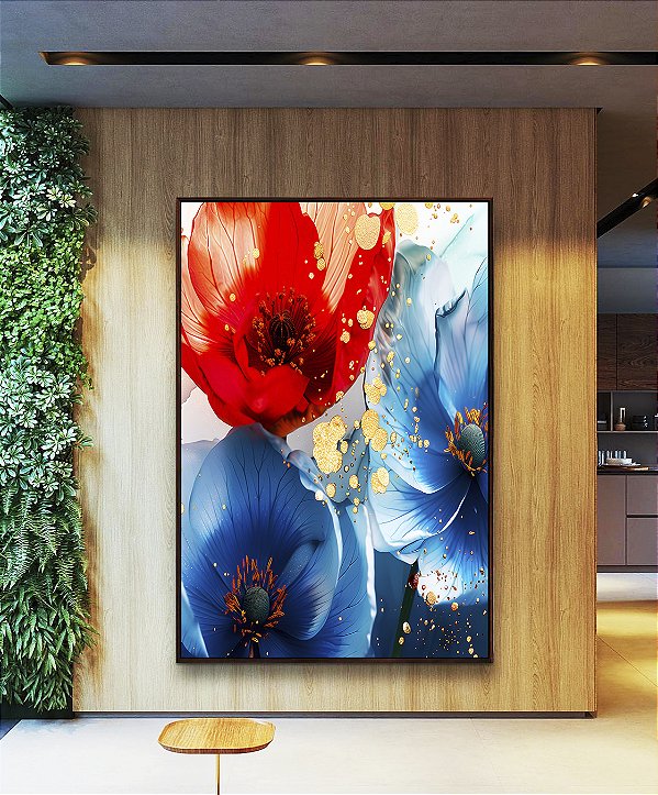 Quadro Vertical Flores Dourado Vermelho Azul Canvas Moldura