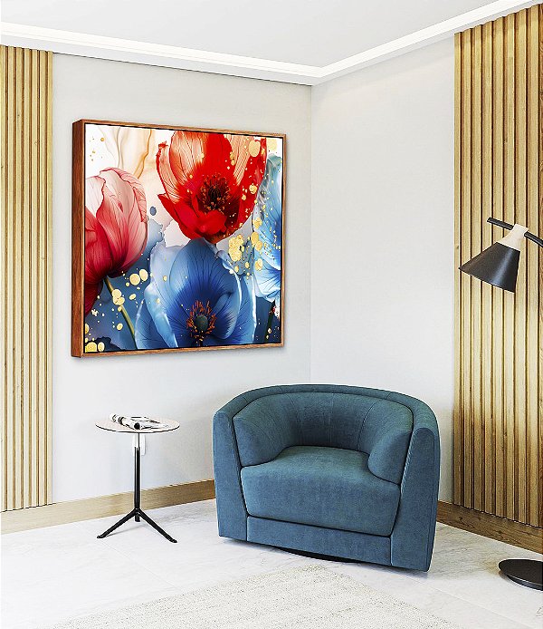 Quadro Quadrado Flores Dourado Vermelho Azul Canvas Moldura