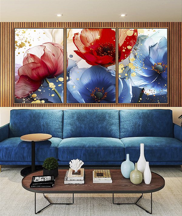 Trio de Quadros Flores Dourado Vermelho Azul Canvas Moldura