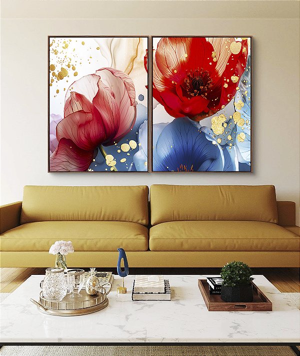 Duo de Quadros Flores Dourado Vermelho Azul Canvas Moldura