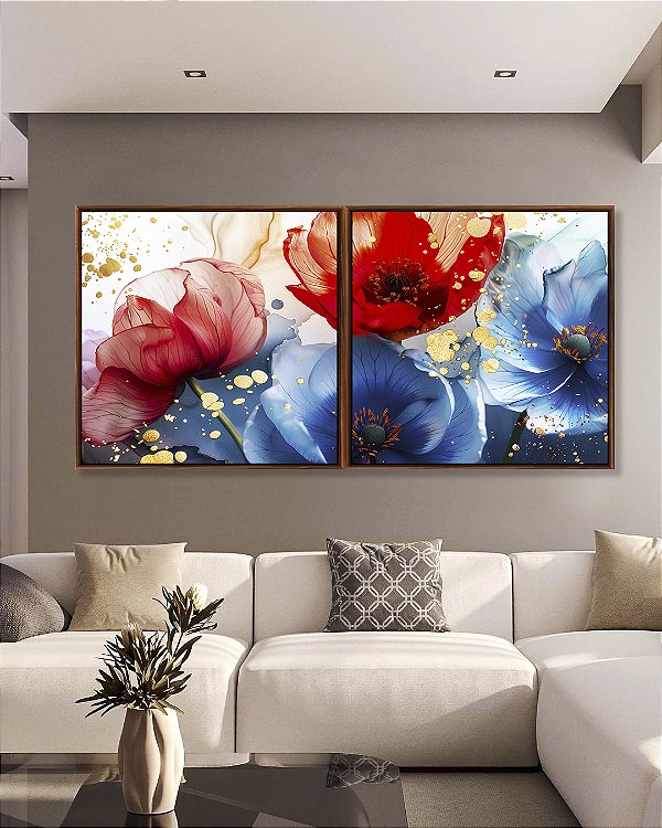 Duo de Quadros Quadrados Flores Dourado Vermelho Azul Canvas Moldura