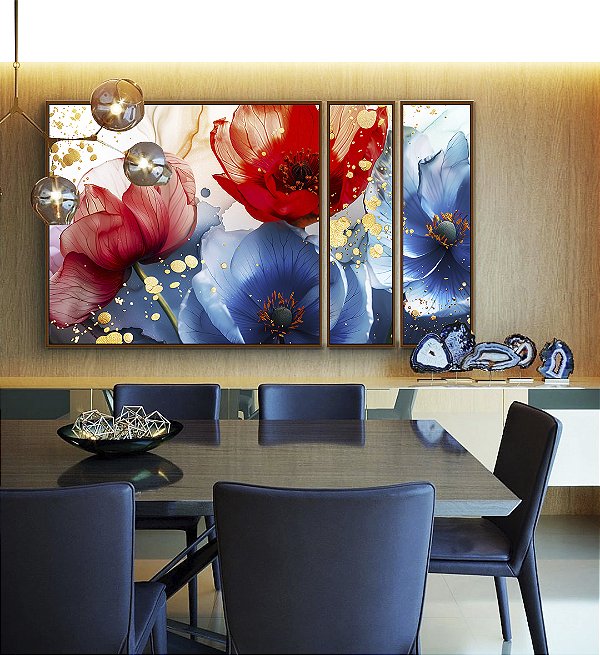 Trio de Quadros Estilizados Flores Dourado Vermelho Azul Canvas Moldura