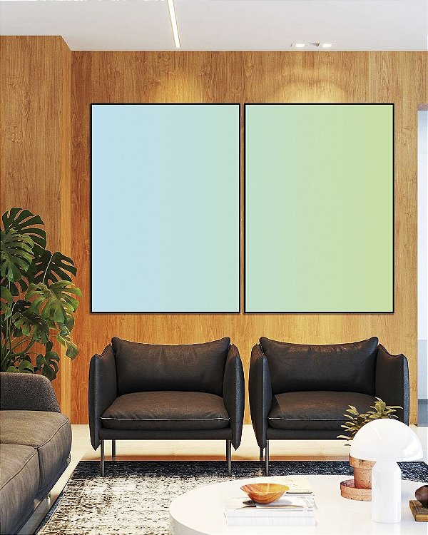 Duo de Quadros Abstrato Degradê Azul Bebê Verde Menta Canvas Moldura