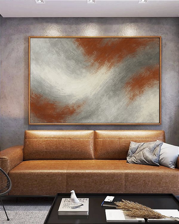 Quadro Horizontal Abstrato Cinza Grafite Cobre Canvas Moldura