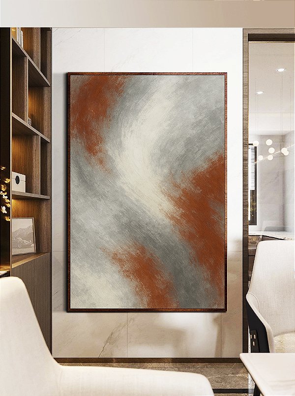 Quadro Vertical Abstrato Cinza Grafite Cobre Canvas Moldura
