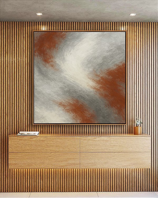 Quadro Quadrado Abstrato Cinza Grafite Cobre Canvas Moldura