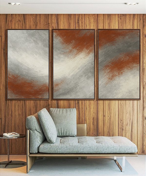 Trio de Quadros Abstrato Cinza Grafite Cobre Canvas Moldura