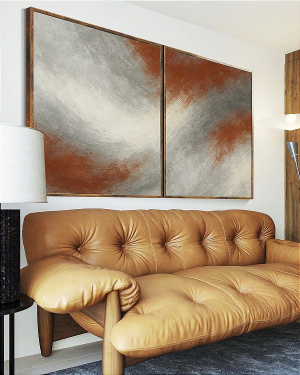 Duo de Quadros Abstrato Cinza Grafite Cobre Canvas Moldura