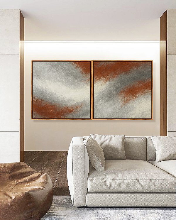 Duo de Quadros Quadrados Abstrato Cinza Grafite Cobre Canvas Moldura