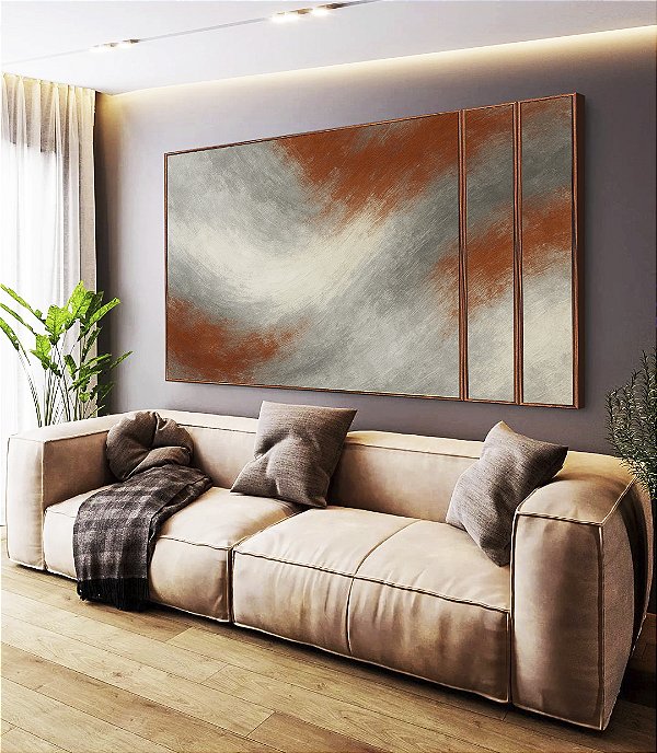 Trio de Quadros Estilizados Abstrato Cinza Grafite Cobre Canvas Moldura