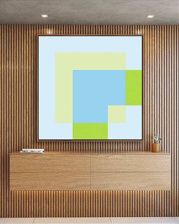 Quadro Quadrado Verde Azul Bebê Geométrico Abstrato Canvas Moldura