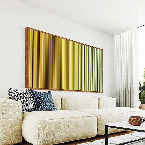 Quadro Horizontal Degradê Listras Amarelo Ouro Verde Menta Canvas Moldura