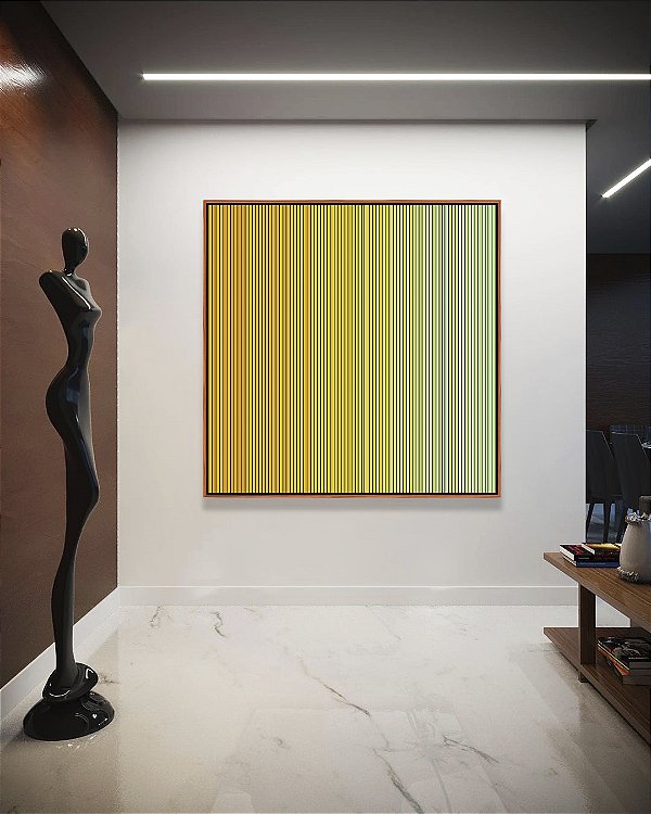 Quadro Quadrado Degradê Listras Amarelo Ouro Verde Menta Canvas Moldura