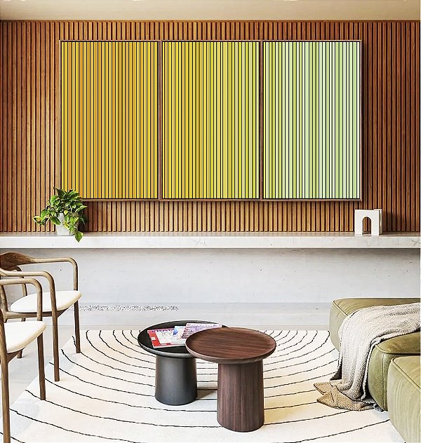 Trio de Quadros Degradê Listras Amarelo Ouro Verde Menta Canvas Moldura