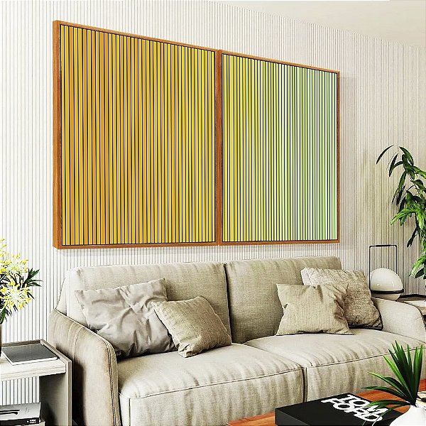 Duo de Quadros Degradê Listras Amarelo Ouro Verde Menta Canvas Moldura