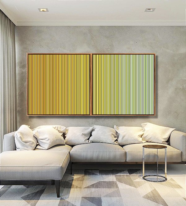 Duo de Quadros Quadrados Degradê Listras Amarelo Ouro Verde Menta Canvas Moldura