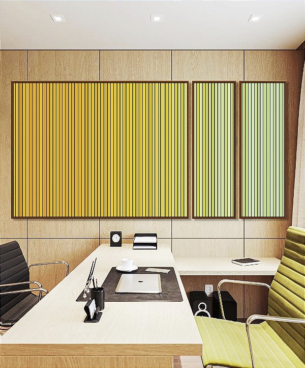 Trio de Quadros Estilizados Degradê Listras Amarelo Ouro Verde Menta Canvas Moldura