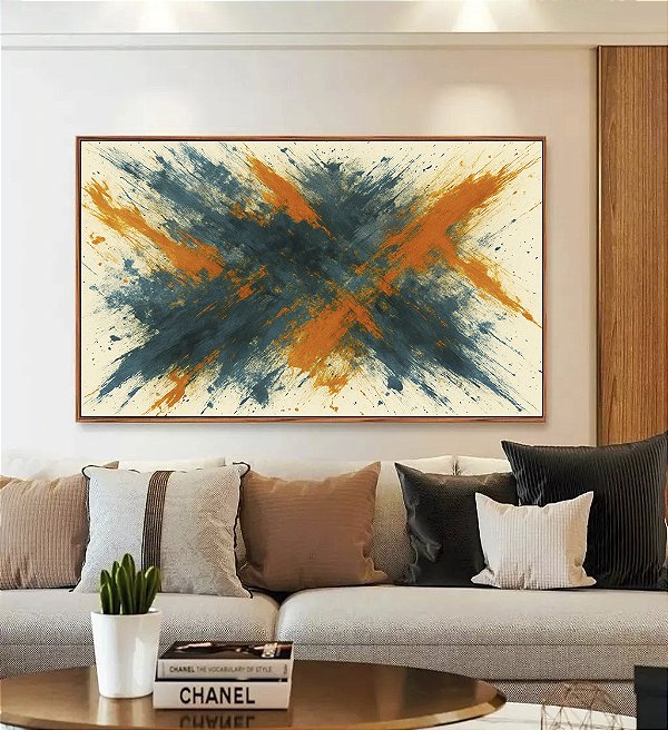 Quadro Horizontal Azul Petróleo Laranja Tangerina Efeito Pintura Canvas Moldura
