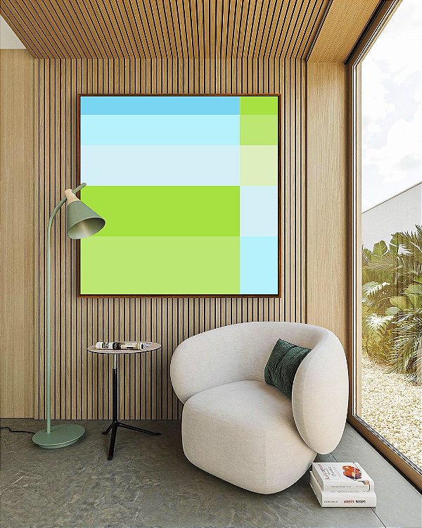Quadro Quadrado Geométrico Listras Azul Bebê Verde Canvas Moldura