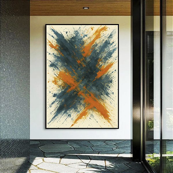 Quadro Vertical Cores Azul Petróleo Laranja Tangerina Efeito Pintura Canvas Moldura