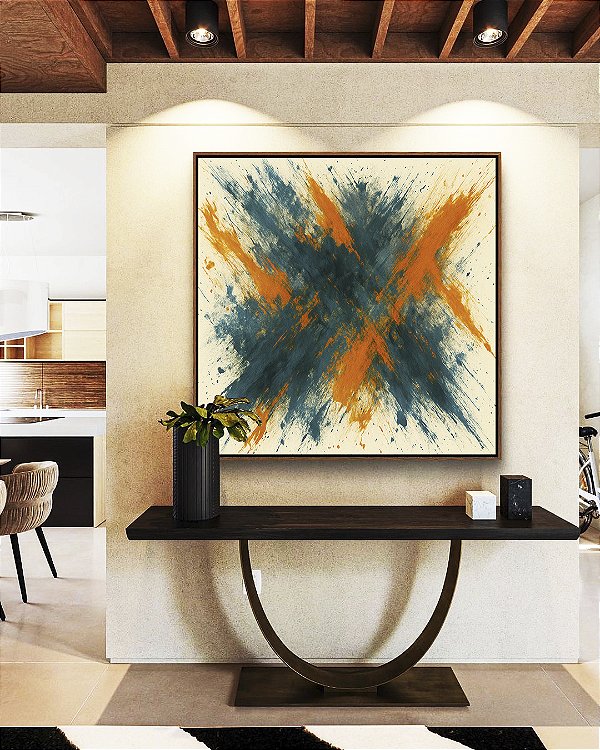 Quadro Quadrado Cores Azul Petróleo Laranja Tangerina Efeito Pintura Canvas Moldura