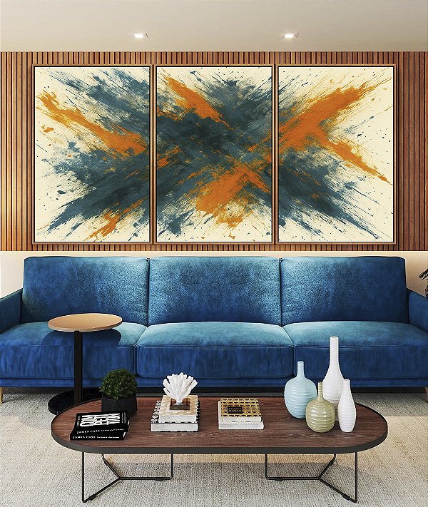 Trio de Quadros Azul Petróleo Laranja Tangerina Efeito Pintura Canvas Moldura