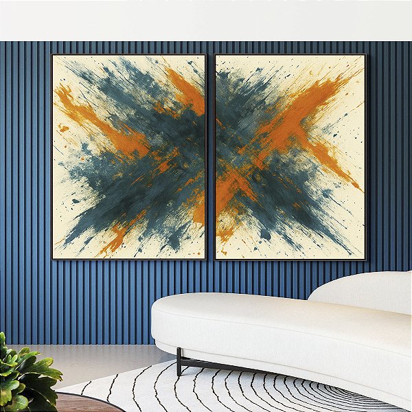 Duo de Quadros Cores Azul Petróleo Laranja Tangerina Canvas Moldura