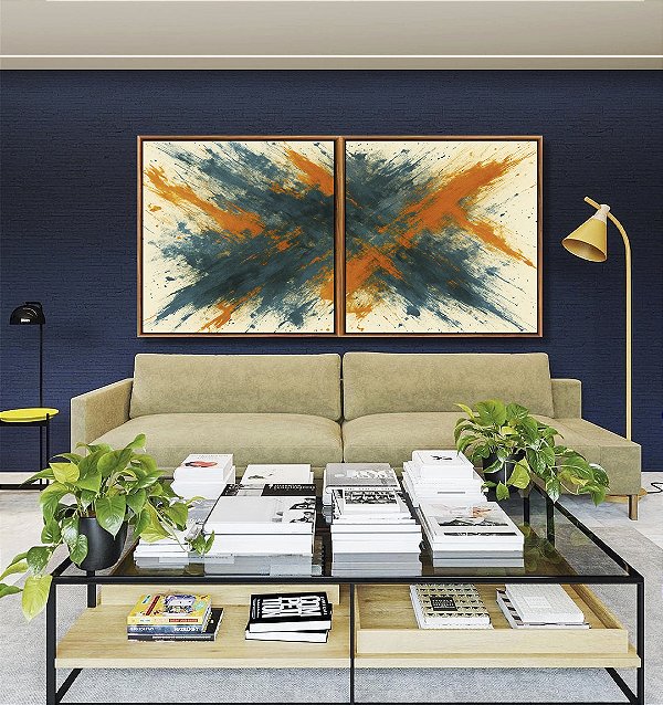 Duo de Quadros Quadrados Cores Azul Petróleo Laranja Tangerina Efeito Pintura Canvas Moldura