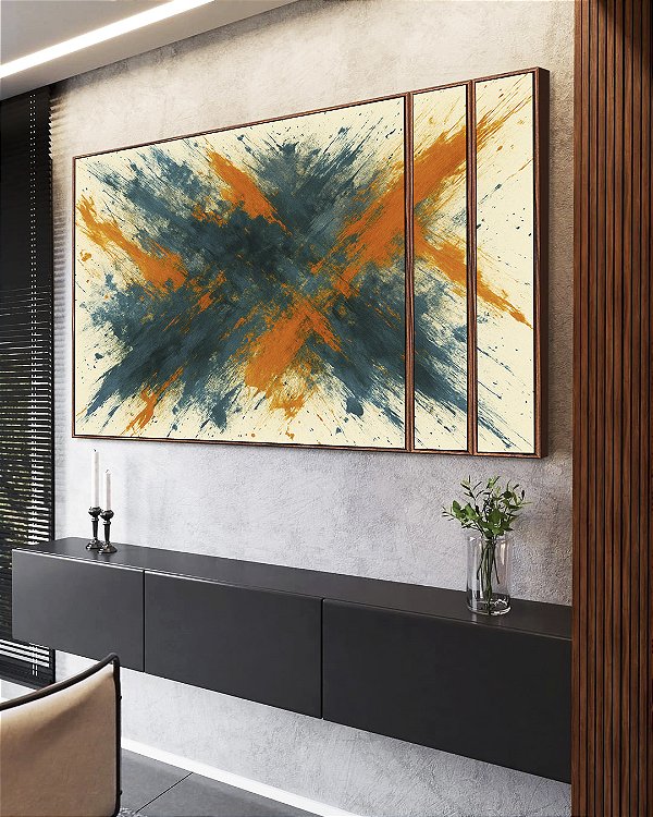 Trio de Quadros Estilizados Cores Azul Petróleo Laranja Tangerina Efeito Pintura Canvas Moldura
