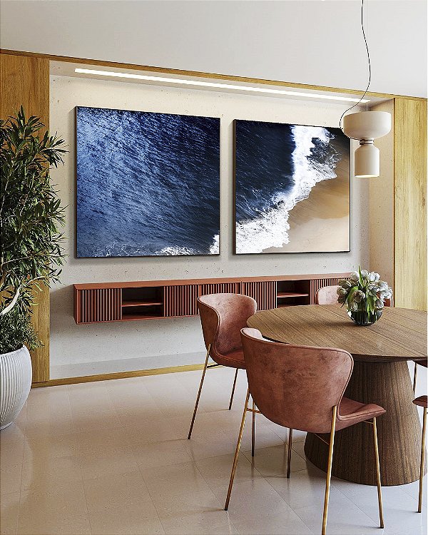 Duo de Quadros Quadrados Mar Azul Profundo Praia Natureza Canvas Moldura