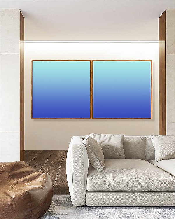 Duo de Quadros Quadrados Degradê Abstrato Cores Azul Cobalto Turquesa Canvas Moldura