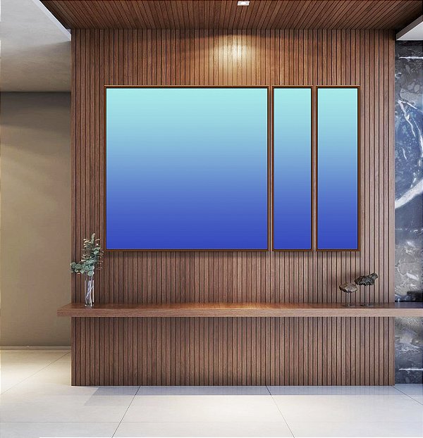 Trio de Quadros Estilizados Degradê Abstrato Cores Azul Cobalto Turquesa Canvas Moldura