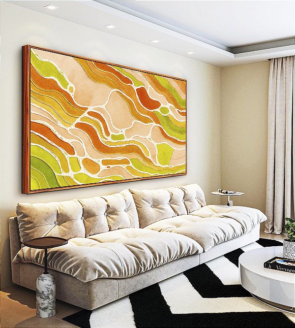 Quadro Horizontal Cores Verde Laranja Salmão Branco Canvas Moldura