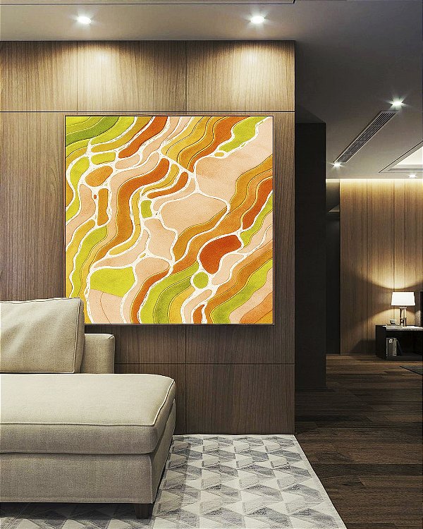 Quadro Quadrado Cores Verde Laranja Salmão Branco Canvas Moldura