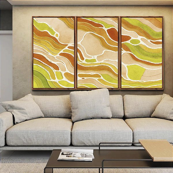 Trio de Quadros Abstrato Cores Verde Laranja Salmão Branco Canvas Moldura