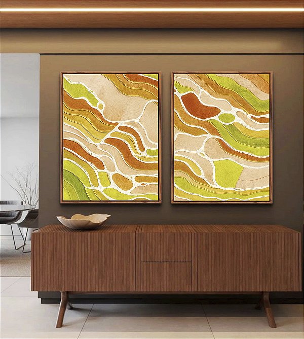 Duo de Quadros Abstrato Cores Verde Laranja Salmão Branco Canvas Moldura