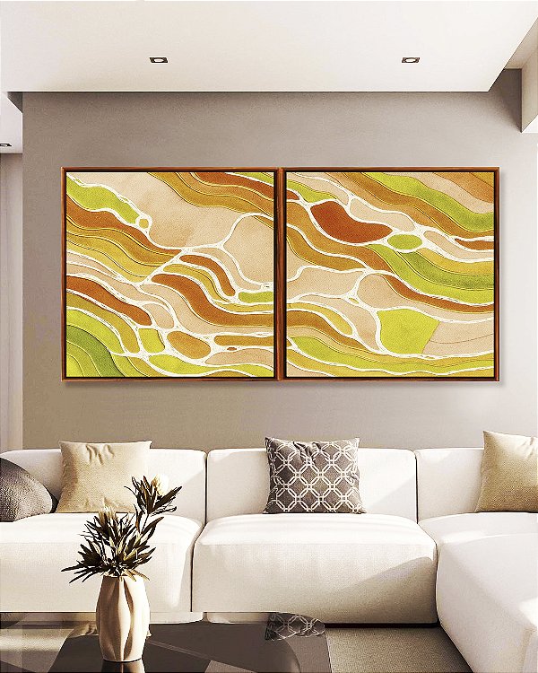 Duo de Quadros Quadrados Abstrato Verde Laranja Salmão Branco Canvas Moldura