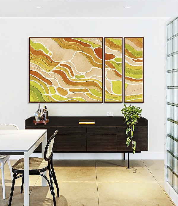 Trio de Quadros Estilizados Abstrato Verde Laranja Salmão Branco Canvas Moldura